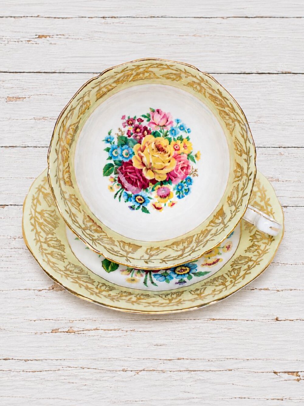 Adderley England Teacup and Saucer Yellow Band Heavy Gold Floral Bouquet